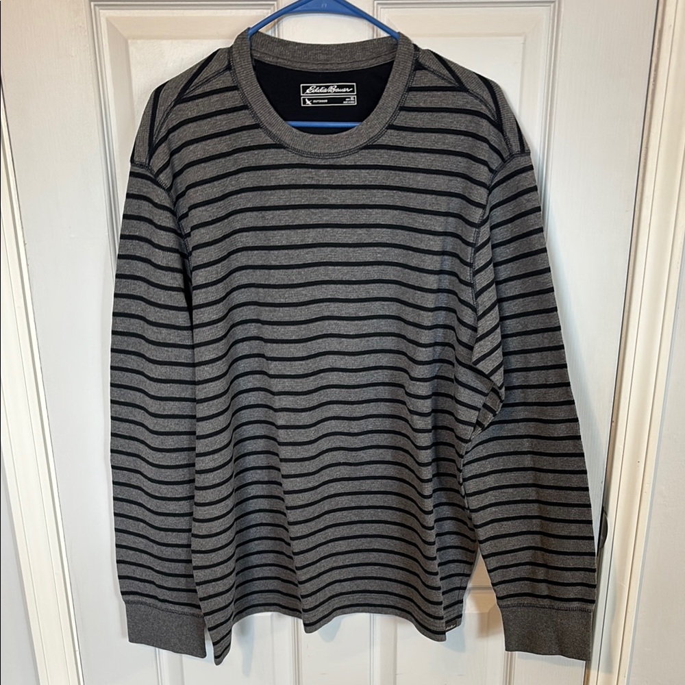 Eddie Bauer XL Gray and Black Striped Long Sleeve waffle knit shirt